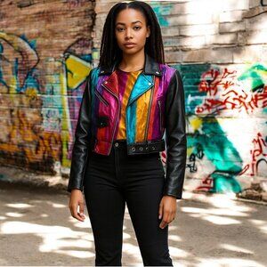 Dance & Marvel Moto Jacket Womens S Vintage 90s Multicolor Stripe Belted Zip Up